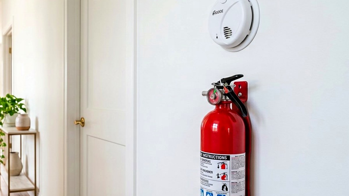 Smoke alarm, smart home hub and fire extinguisher arranged on a kitchen counter