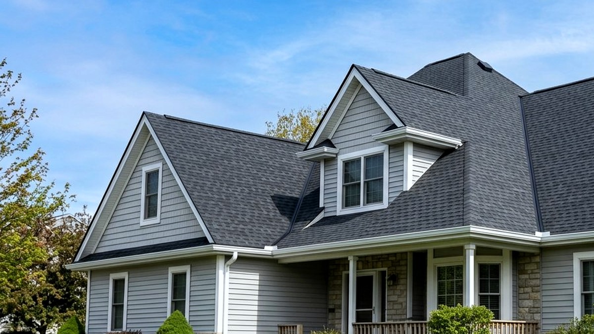 Home roof with new shingles and integrated solar panel array