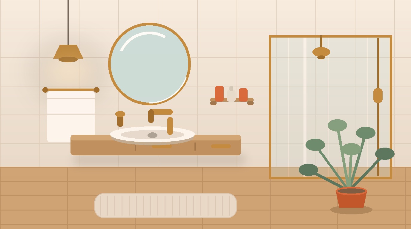 Remodelled bathroom with walk-in glass shower, floating vanity and brass fixtures