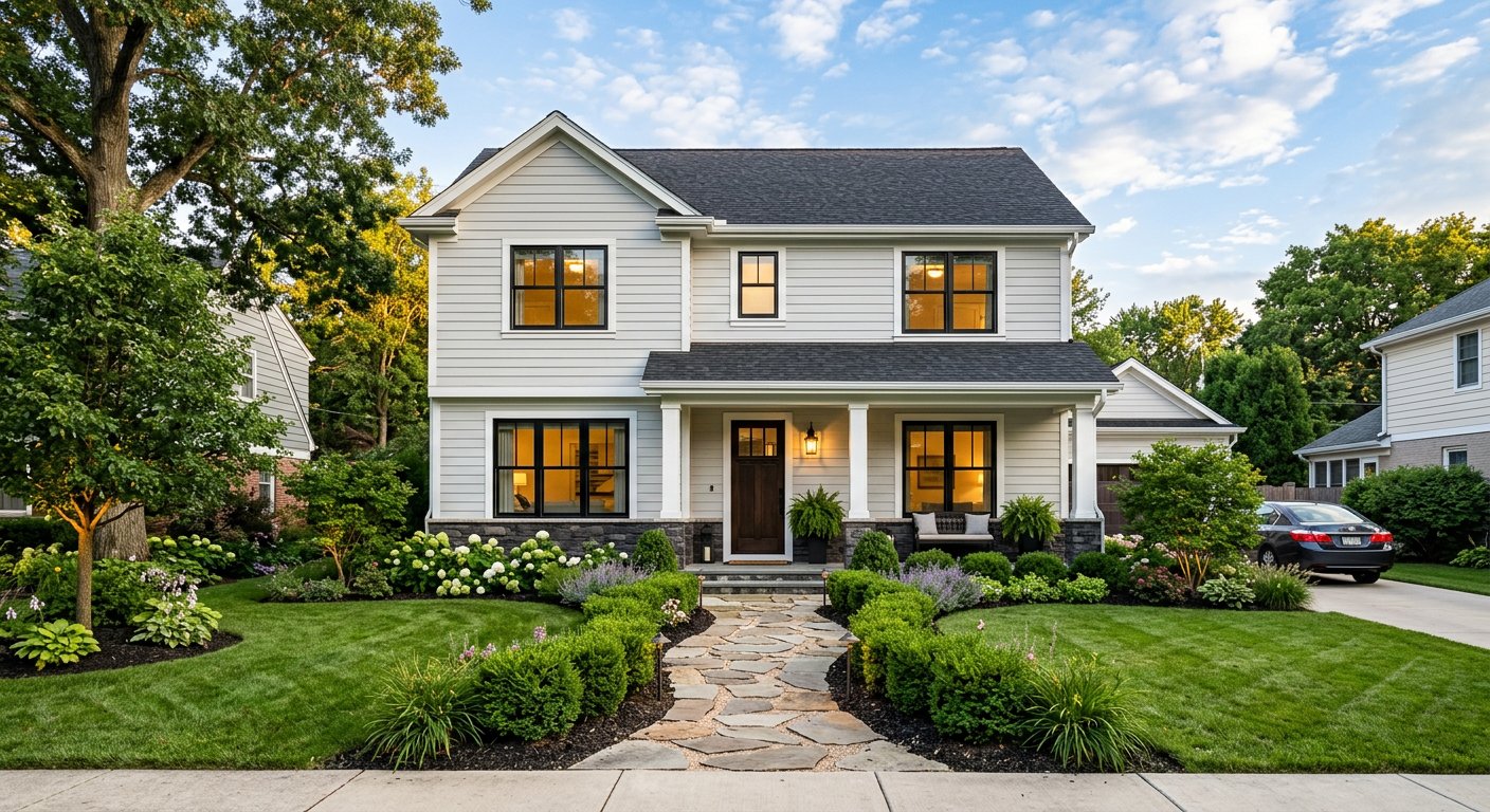 Renovated home exterior with manicured garden, stone path and outdoor lighting