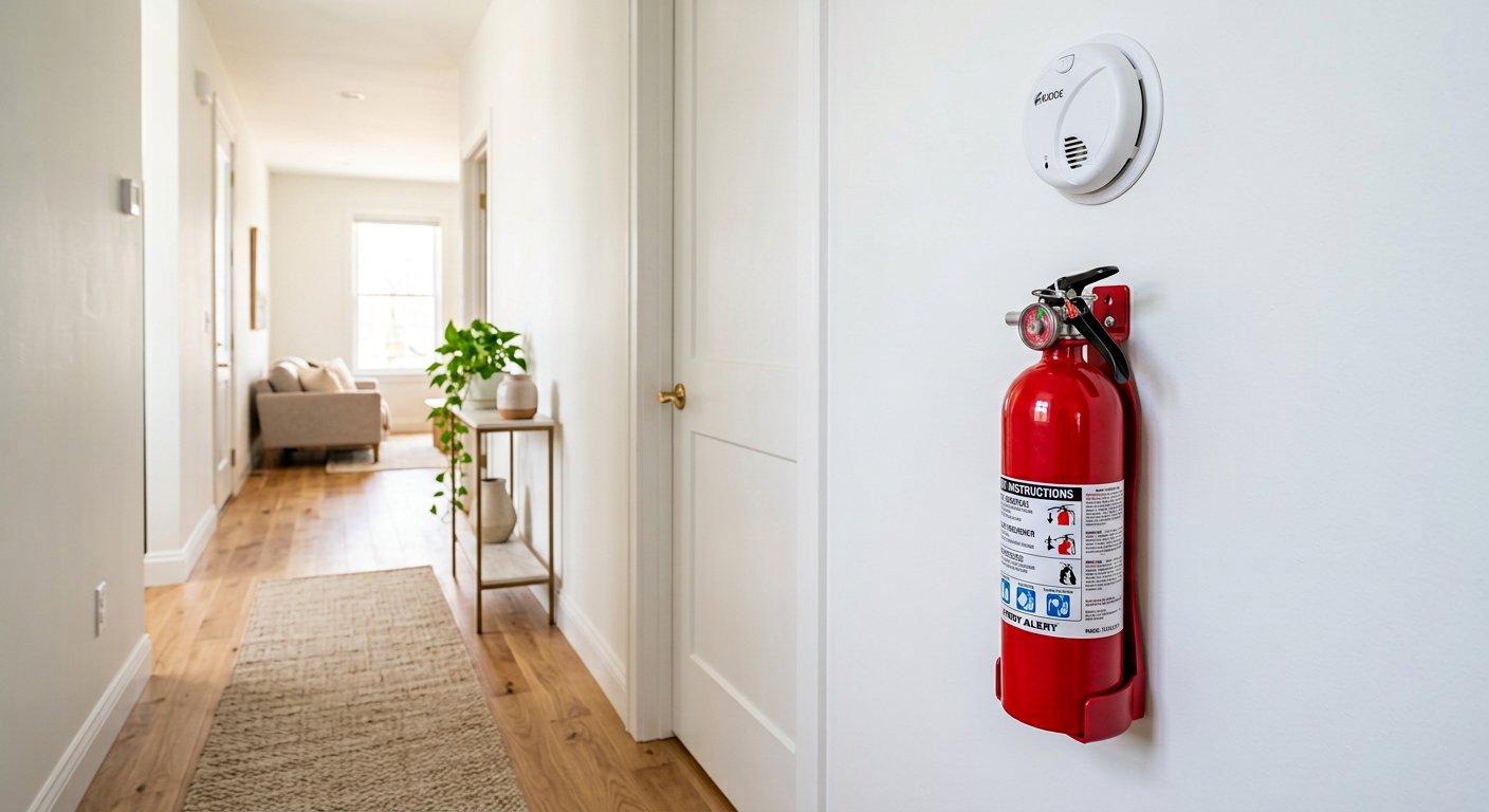 Smoke detector and fire extinguisher installed in a residential hallway