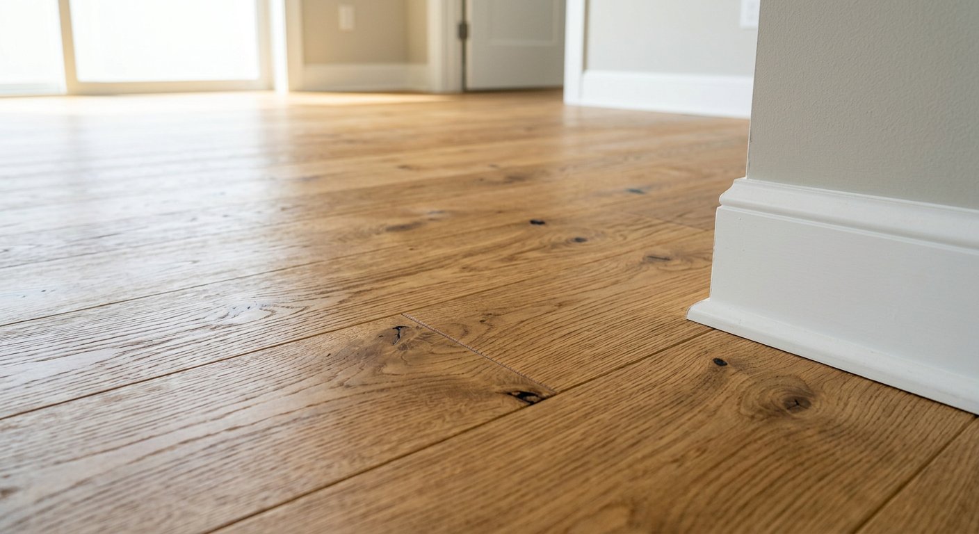 Wide plank oak flooring laid in a bright renovated room