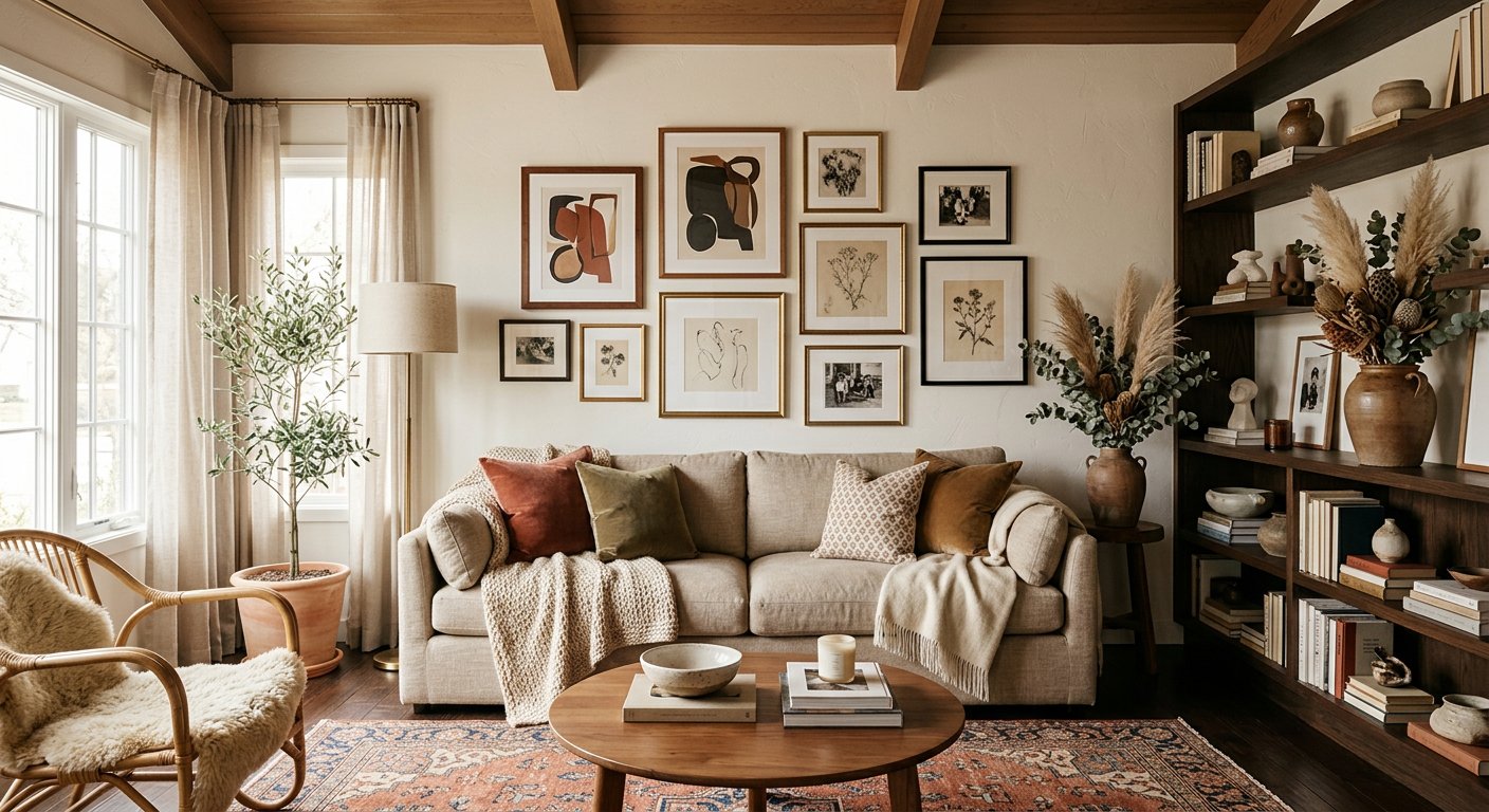 Styled living space with layered textiles, gallery wall and warm neutral decor