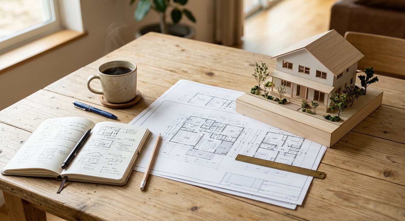 Renovation blueprints, model house and notebook on a planning desk
