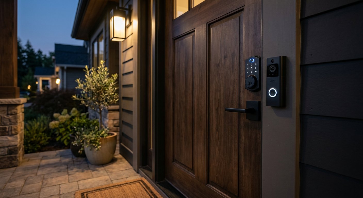 Smart video doorbell and keypad lock installed at a front door