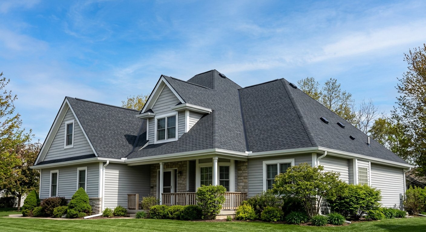 New architectural shingle roof with clean ridge lines on a residential home